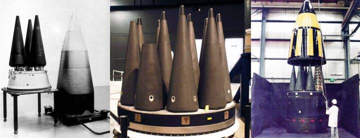 Photos of various example US MIRV missile warheads