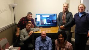 RVIS, Inc. CRV Basic Course 12/4/2017 gathered around Dr. Hal Puthoff (on Skype screen) after Dr. Puthoff's lecture on the beginnings of and science behind remote viewing