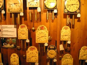 Clocks on display inside the Haus der 1,000 Uhren