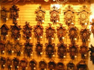 Cuckoo clocks for sale on display inside the Haus der 1,000 Uhren