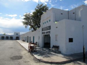 The Amargosa Opera House is connected to the associated hotel, forming a partial courtyard area on two sides